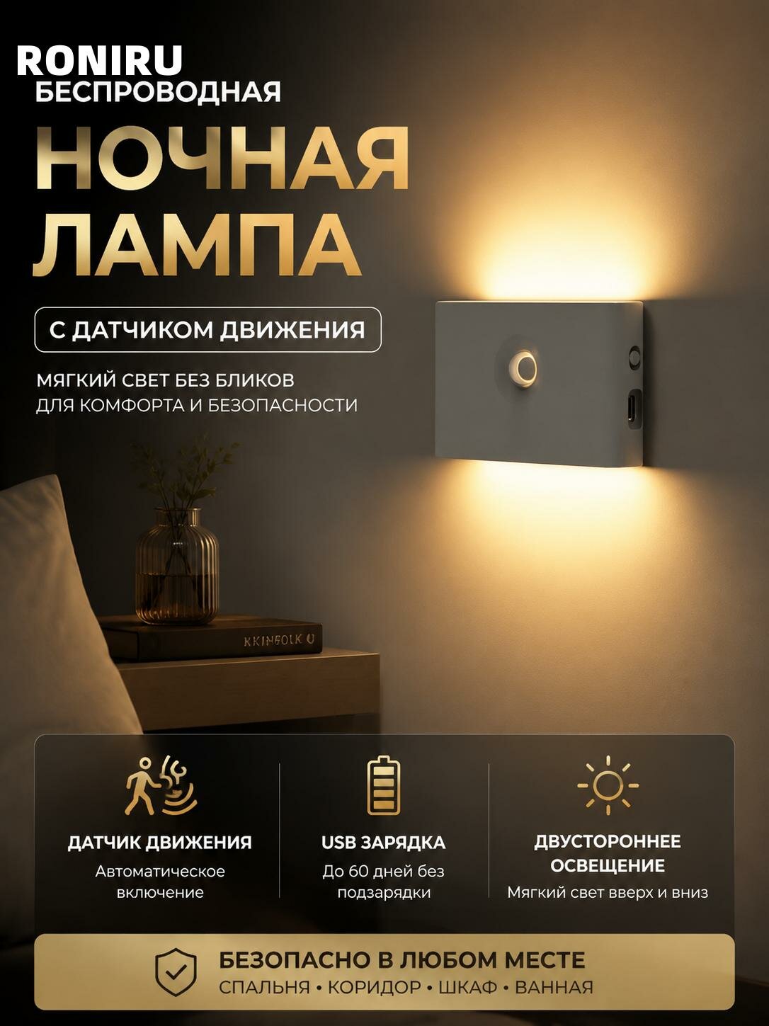 Беспроводная светодиодная ночная лампа с датчиком движения и USB зарядкой для спальни, коридора, шкафа, ванной
