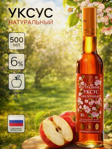 Изображение товара Уксус яблочный СП Мирный, натуральный, содержание уксусной кислоты 6%, 500 мл
