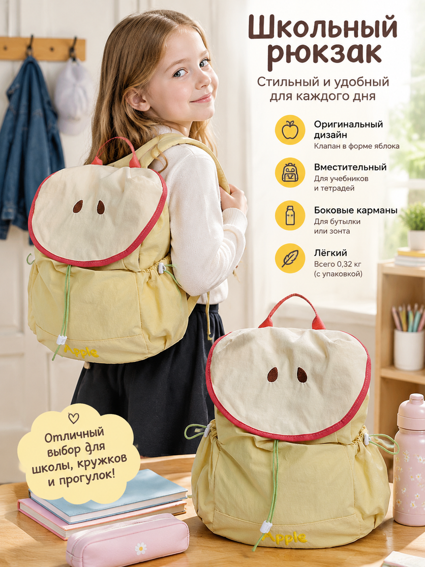 Школьный рюкзак с желтым яблоком на клапане, вместительный, с боковыми карманами для бутылки
