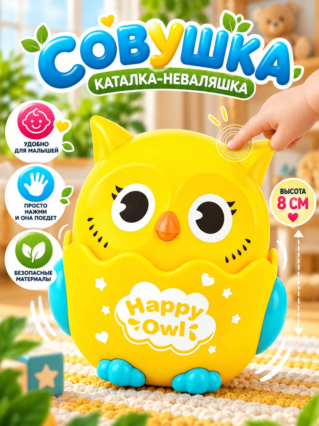 Детская игрушка для малышей заводная инерционная Совушка неваляшка Желтая