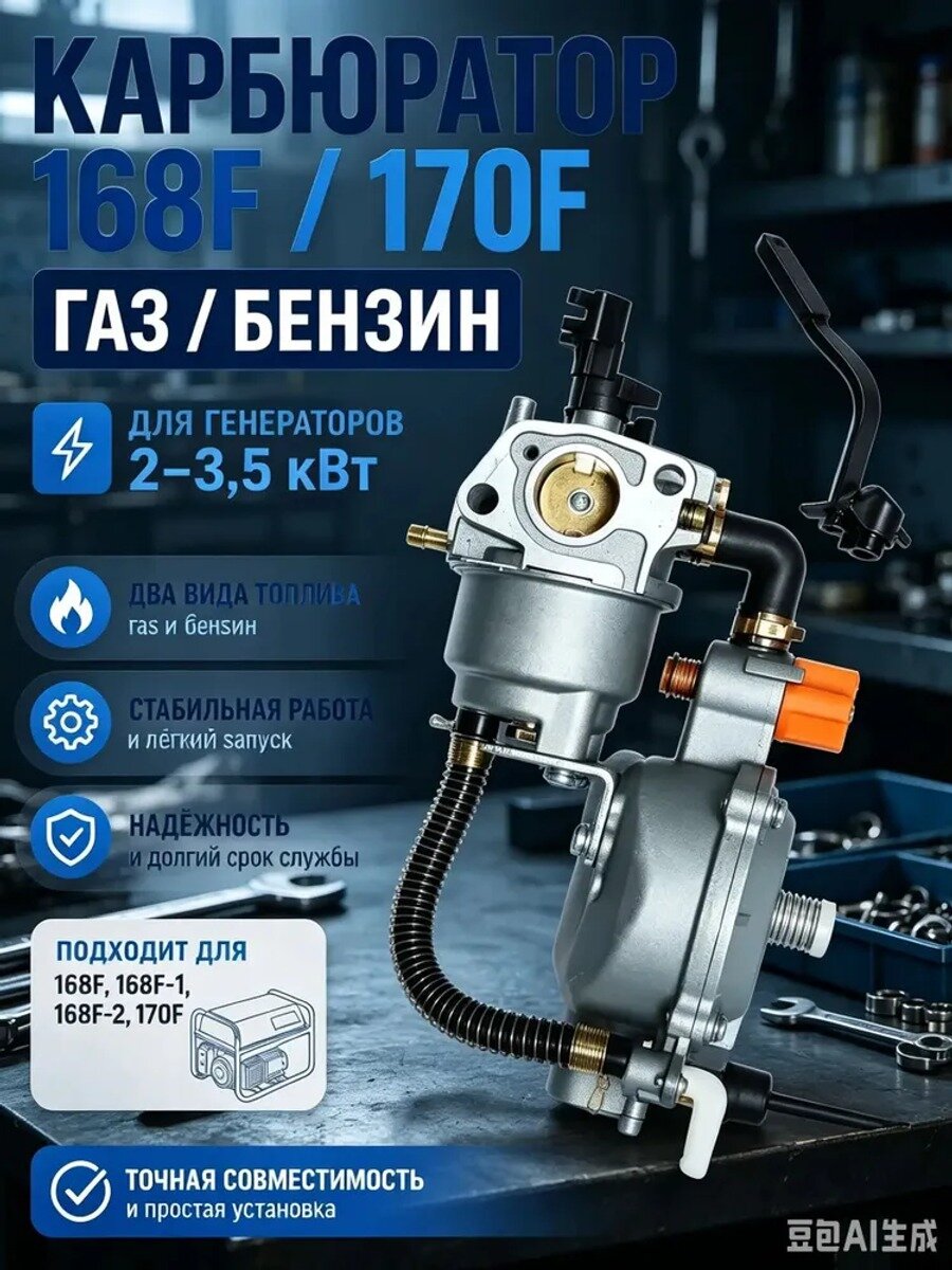 Карбюратор газ-бензин для генератора, электростанций. 3 кВт ( двигатель 6.5-7 лс 168F/170F)С прокладкой
