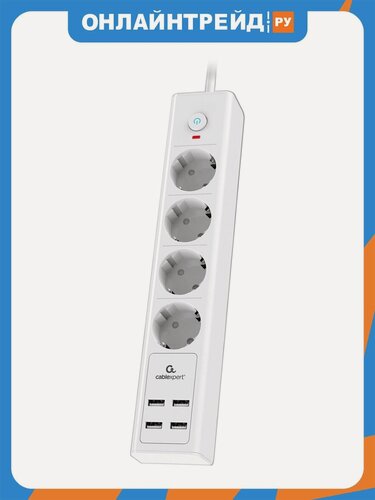 Изображение товара Сетевой фильтр Cablexpert Exnovo, 4 розетки, 4хUSB, 2м, белый, коробка