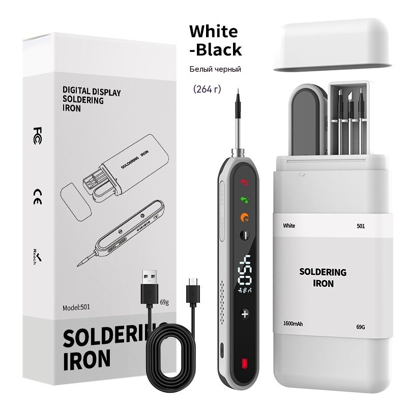 Портативный USB паяльник с цифровым дисплеем температуры, корпус бело-черного цвета, инструмент для ремонта электроники и пайки микросхем