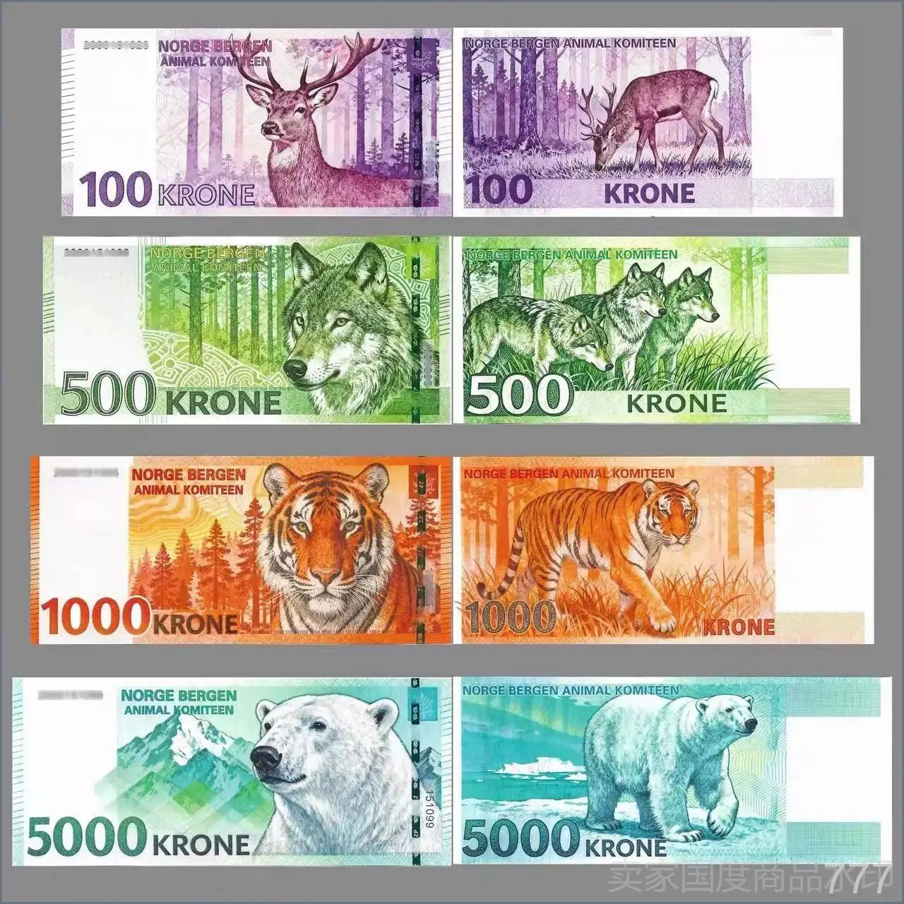 4 шт/комплект норвежские памятные купюры для животных, 100 - 5000 крон пластиковые ваучеры, UNC