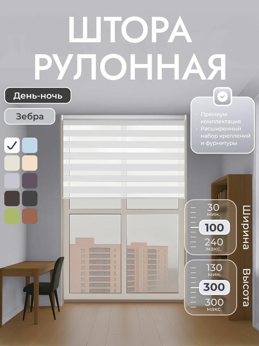 Рулонные шторы 100х300 см день/ночь (зебра), Белый, комплектация Mini
