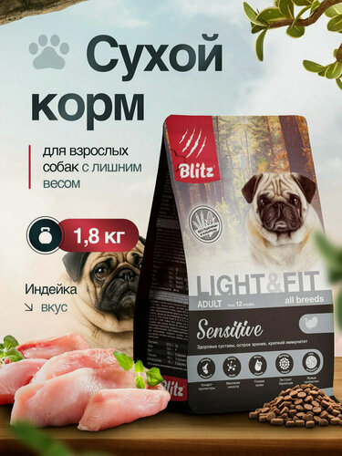 Изображение товара Сухой корм BLITZ sensitive adult light & fit корм для взрослых собак с лишним весом с индейкой, 1.8 кг