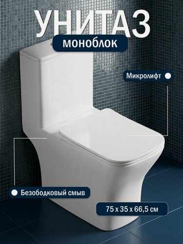Изображение товара Унитаз напольный с бачком моноблок R-VVA-81841 безободковый, сиденье дюропласт с крышкой микролифт, белый с антибактериальным покрытием