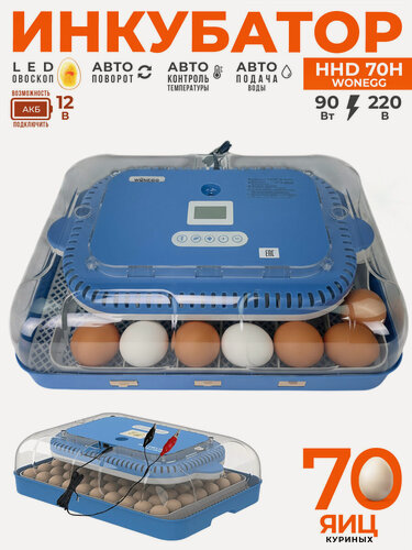 Изображение товара Инкубатор для яиц автоматический HHD 70H с контролем влажности и резервным питанием 220В/12В овоскопом