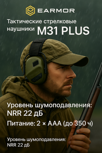 Изображение товара Тактические стрелковые наушники EARMOR M31 PLUS (зелёные) Защита слуха, гелевые амбушюры, AUX-вход