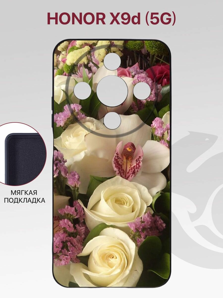 Чехол на Honor X9d 5G с рисунком, с защитой камеры, противоударный, черный с принтом цветочная симфония / Хонор X9d