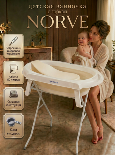 Изображение товара Ванночка детская "Norve" для купания новорожденных и малышей складная с горкой термометром подставкой, ковшик в подарок