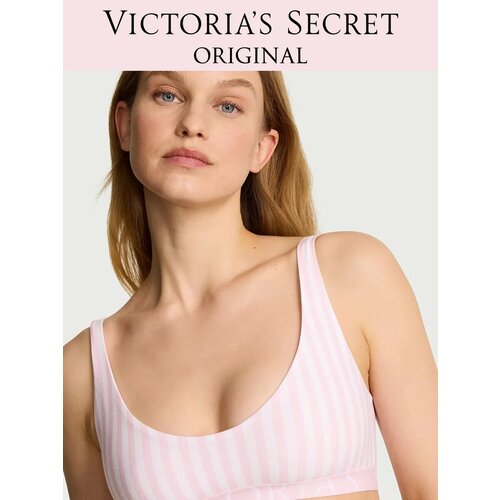 фото Бюстгальтер victoria's secret cotton exploded logo unlined plunge bralette, 1 шт., размер m (75c, 75d, 80a, 80b), бело-розовый