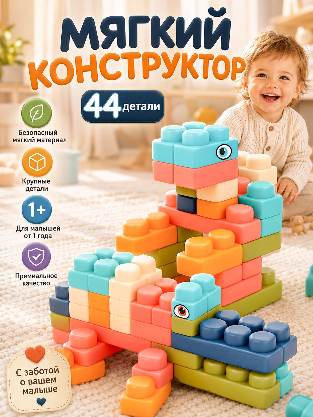 Детский конструктор крупный мягкий для малышей, развивающая игрушка от 1 года, 44 детали