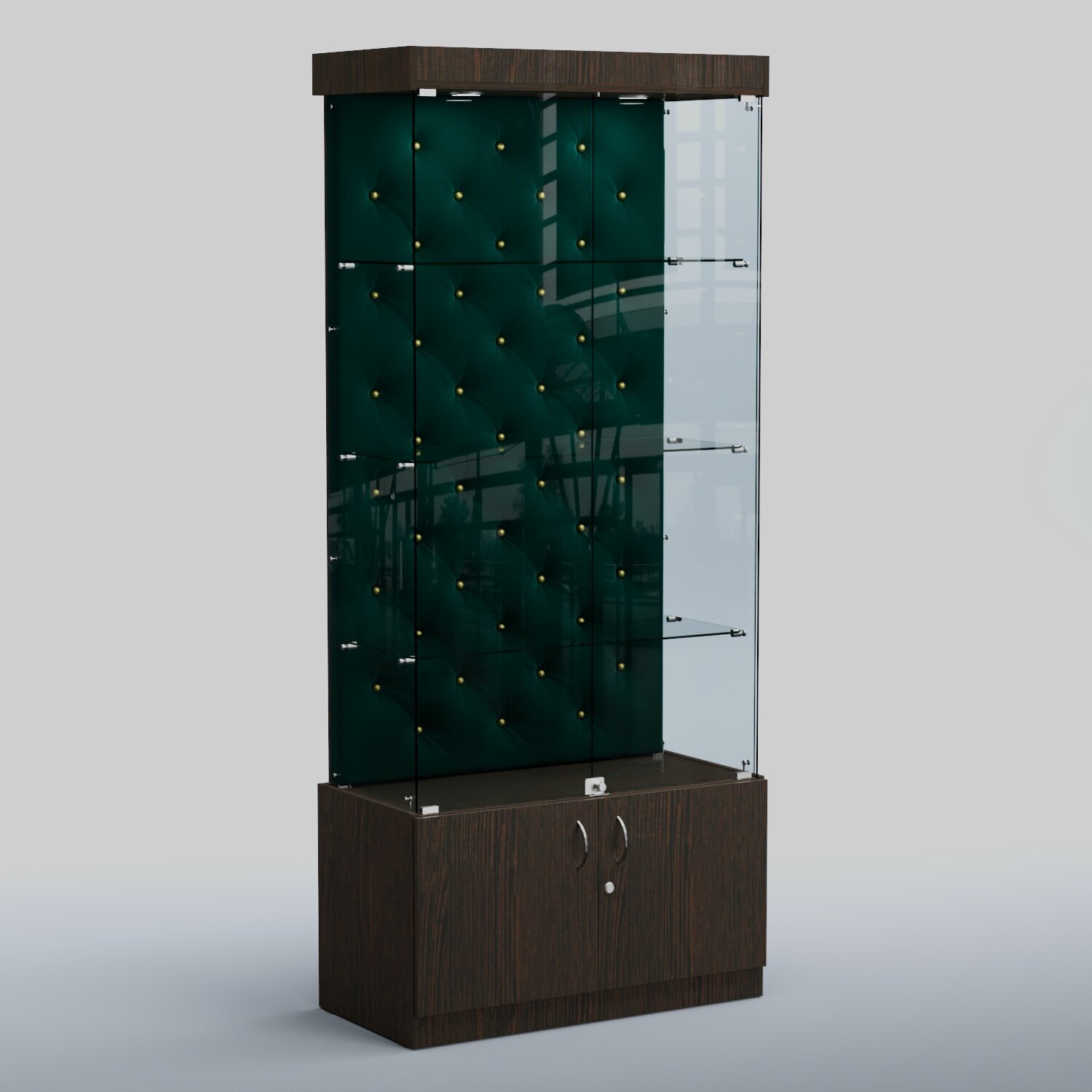 Высокая стеклянная витрина капитоне №1, Дуб Венге + Велюр Tiffany 10 Dk. Green