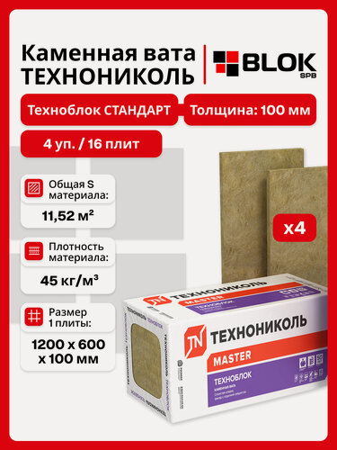 Изображение товара Технониколь Техноблок Стандарт 1200х600х100 мм (4 уп. / 11,52 м2 / 16 шт.) минеральная вата для стен, крыши, пола