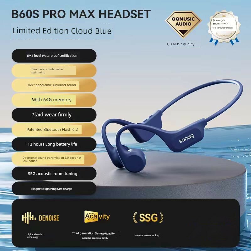 SANAG A30S костные Bluetooth наушники 8-уровневая влагостойкость 2 метра под водой 64 ГБ памяти 360° синий