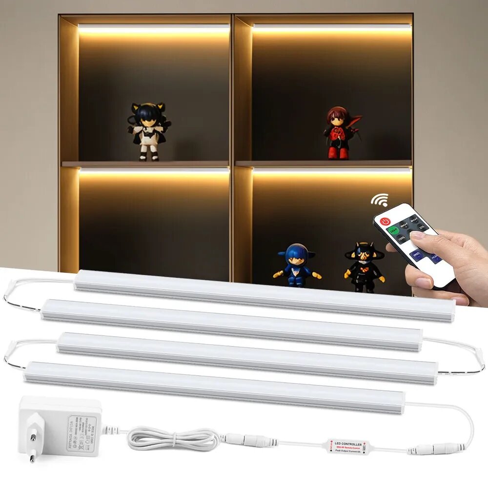 4X50CM Алюминиевый LED-светильник 12В для кухонных шкафов Комплект с RF-пультом, регулируемой яркостью и цветовой температурой (CRI 90, для витрин, винных шкафов, мебели)
