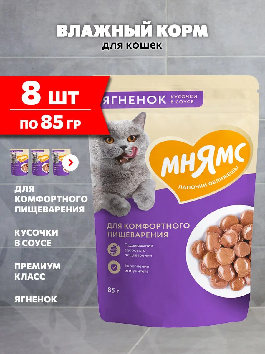 Корм влажный Мнямс для взрослых кошек, для комфортного пищеварения, ягненок в соусе, 85 г 8 шт