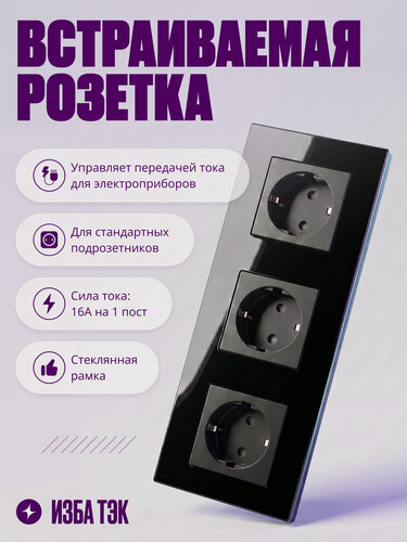 Изображение товара Розетка тройная встраиваемая на 16 А, 3 поста, черная со стеклянной рамкой, заземлением и шторками