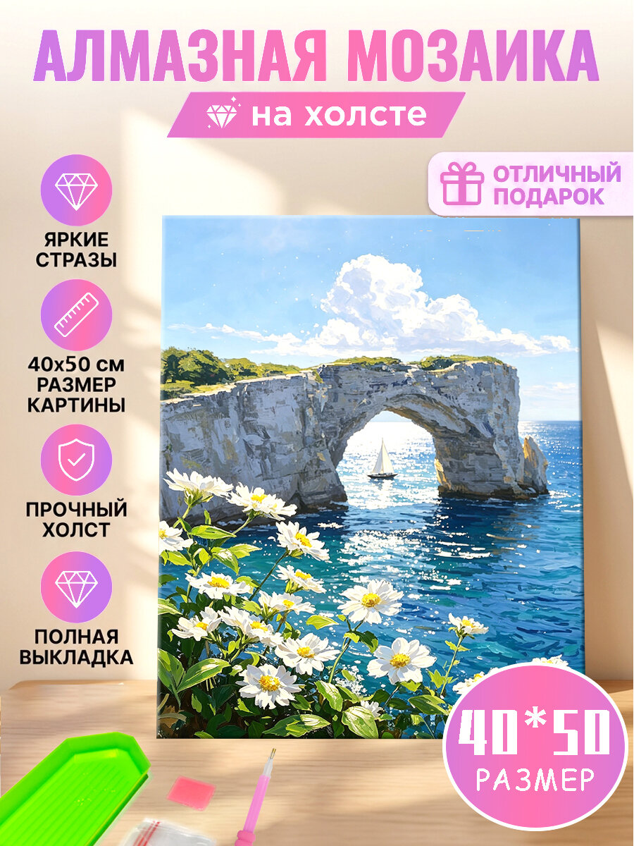 Алмазная мозаика картина морской берег со скалой и цветами, Холст без подрамника 40 50 см Круглые высокоблестящие водные стразы, полная выкладка
