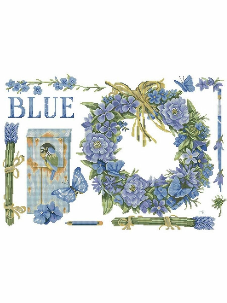 Bышивка гладью для начинающиx Amishop Синий венок DIY, 31 цветов, 16CT Aida, 261 x 182 стежка, 42 x 29 см