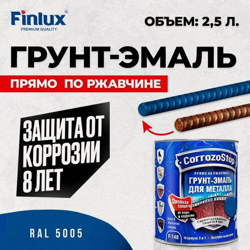 Изображение товара Грунт-эмаль Finlux F-148 Gold по ржавчине 3 в 1, краска по металлу, глянцевое покрытие, 2.5 кг, цвет синий