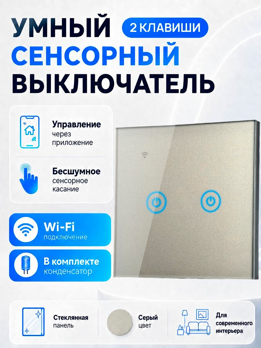 Сенсорный настенный выключатель света Wi-Fi SmartLife, 2 канала, серый (с конденсатором) SECTEC