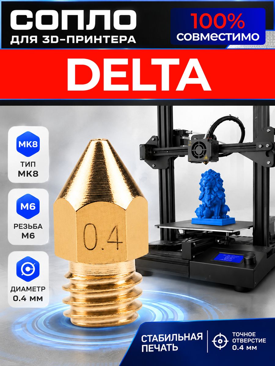 Сопло для DELTA 3d принтера 0.4 мм / сопло в принтер дельта 3д 0,4мм MK8 M6 3д ART: DX8L-47MV