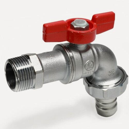 Изображение товара Кран шаровой садовый Giacomini R620, 3/4", Н, ручка-бабочка красная, хромированный, со штуцером