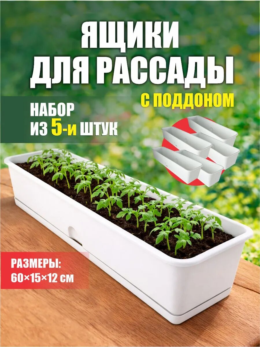 Комплект из 5-ти ящиков для рассады для подоконника с поддоном 600*150*120
