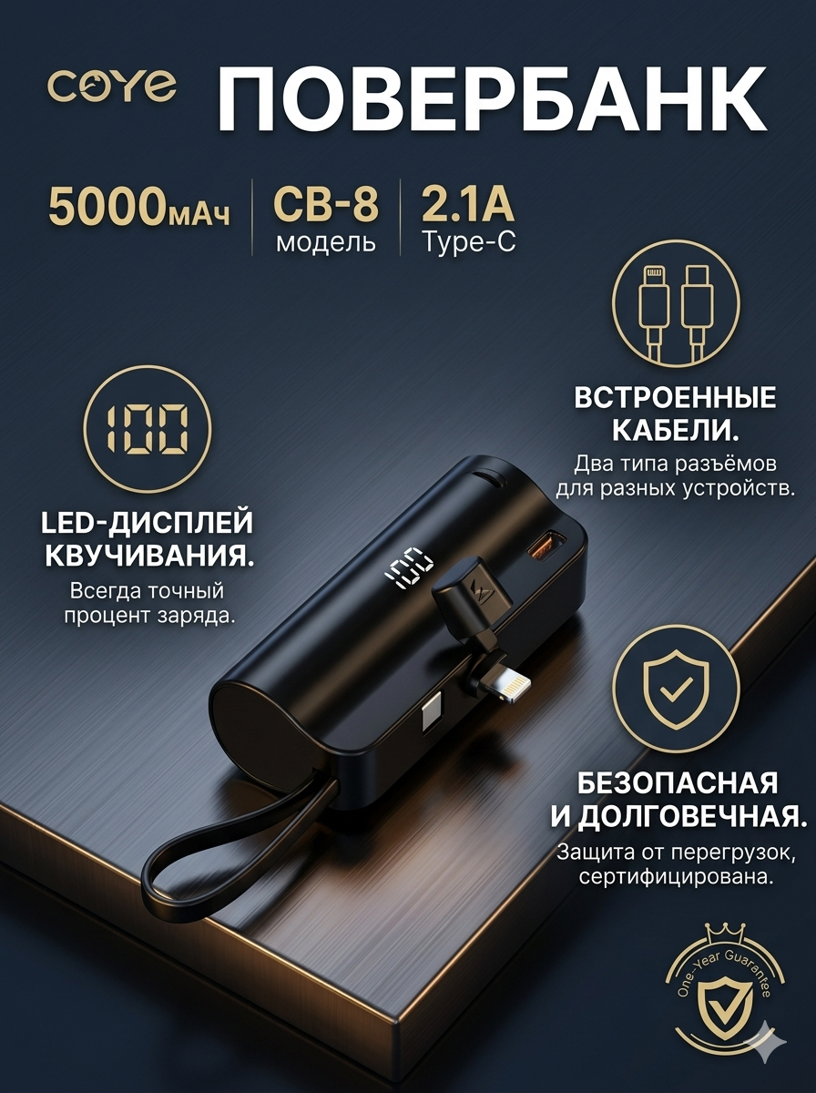 Повербанк Внешний аккумулятор CB-8, встроенная зарядка 2-в-1, LED дисплей, 5000мАч, чёрный