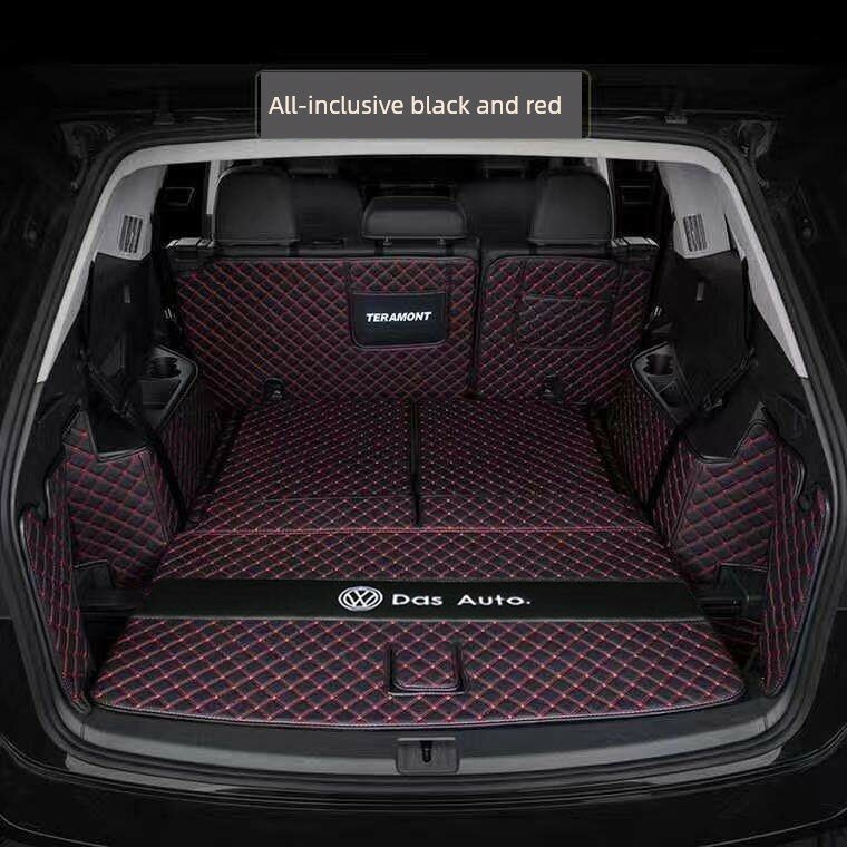 Автомобильный коврик для багажника Volkswagen Teramont PRO, черный с красными швами, полная защита с боковыми карманами