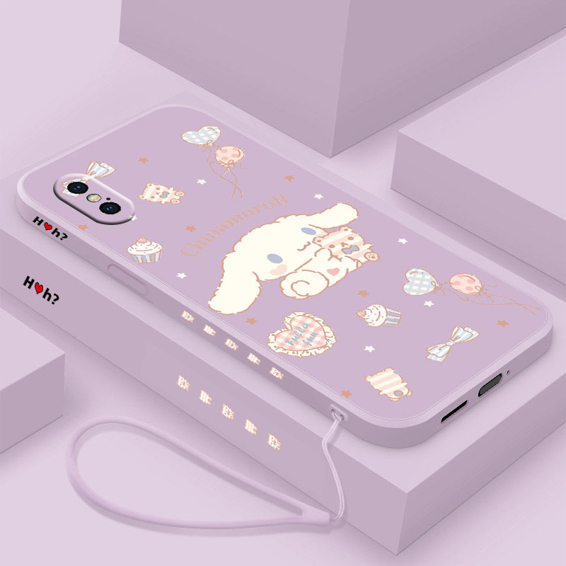 Чехол для iPhone XS Max фиолетовый лавандовый с узором киннамон-собаки из жидкой силикона с лямкой, полное покрытие