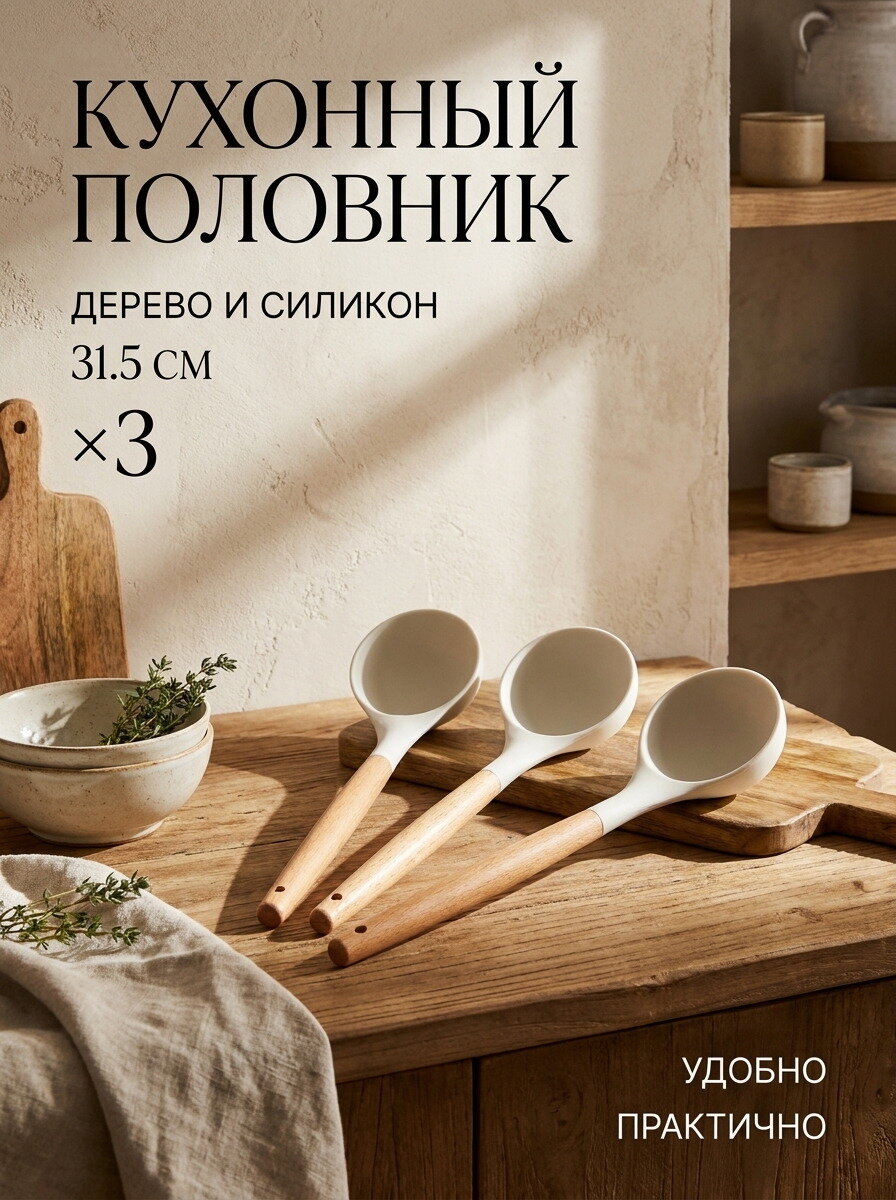 Половник кухонный, из дерева и силикона, 31.5 см, цвет белый, 3 шт