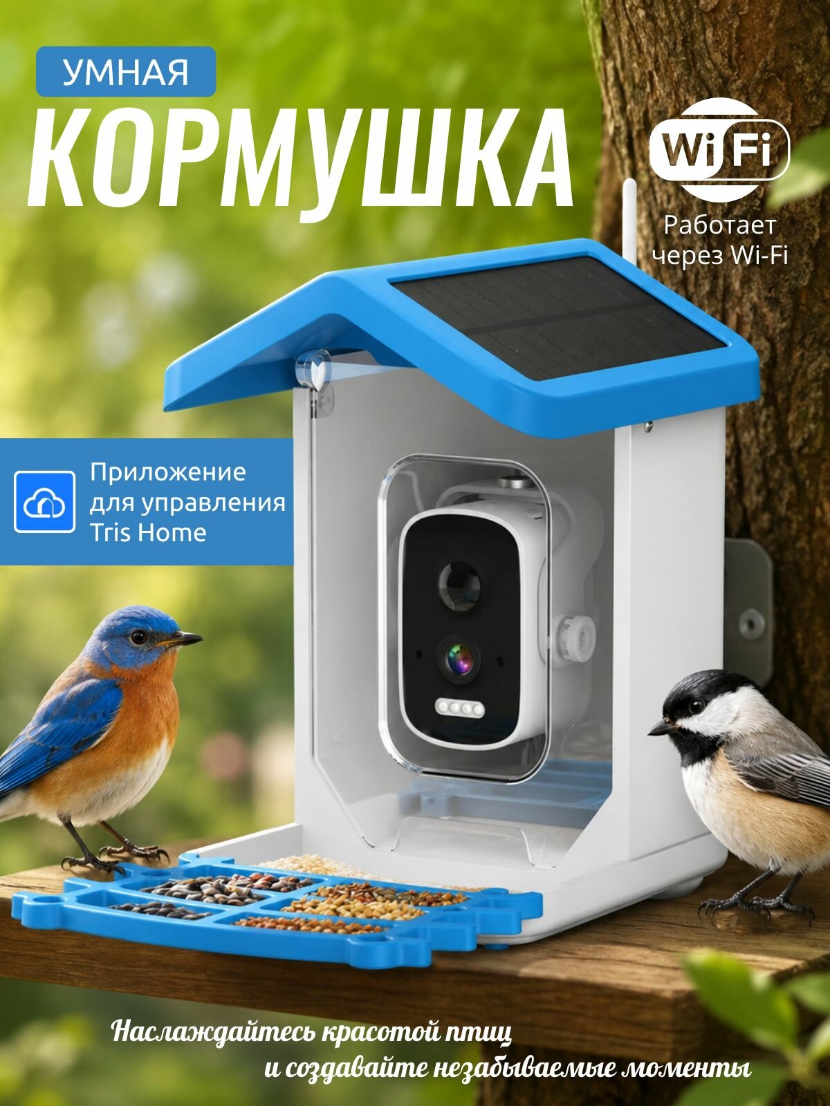 Кормушка для птиц с камерой Wi-Fi на солнечной батарее с разрешением 2560х1440 HD, скворечник для птиц с ночным видением, дистанционное наблюдение с мобильного телефона