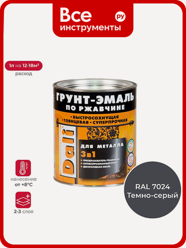 Изображение товара Графитовая грунт-эмаль по ржавчине DALI 3 в 1 серая Ral 7024, 2 л 232351
