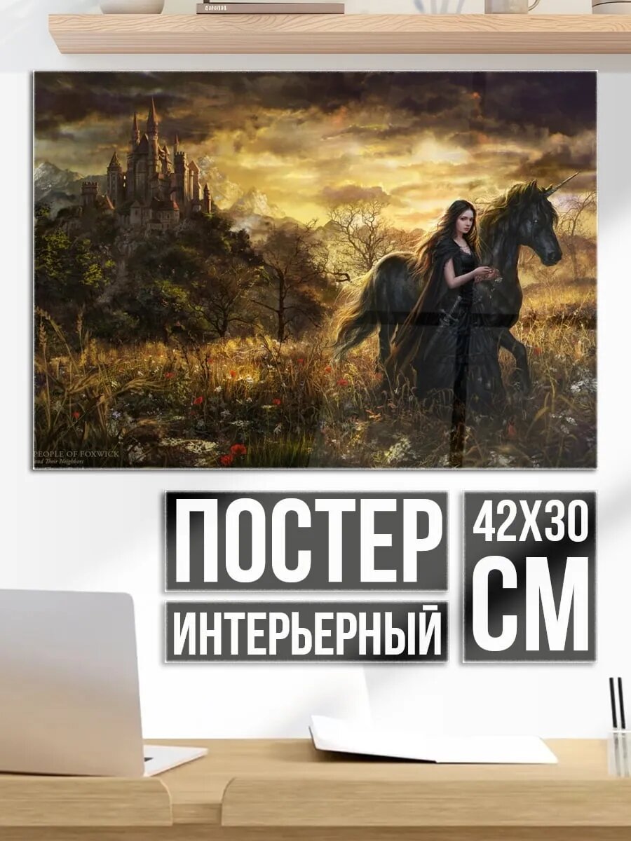 Плакат постер девушка на черном коне