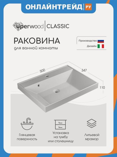 Изображение товара Раковина Uperwood для ванной Classic 50 см, белая глянцевая