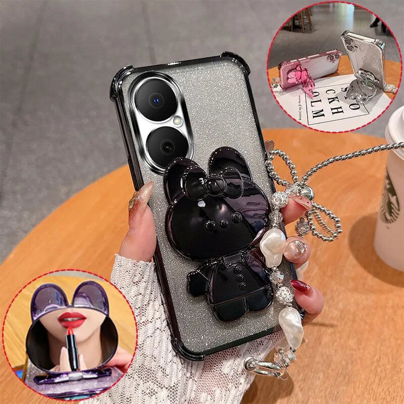 Черный 3D чехол-кролик с зеркалом для Huawei Nova Y73