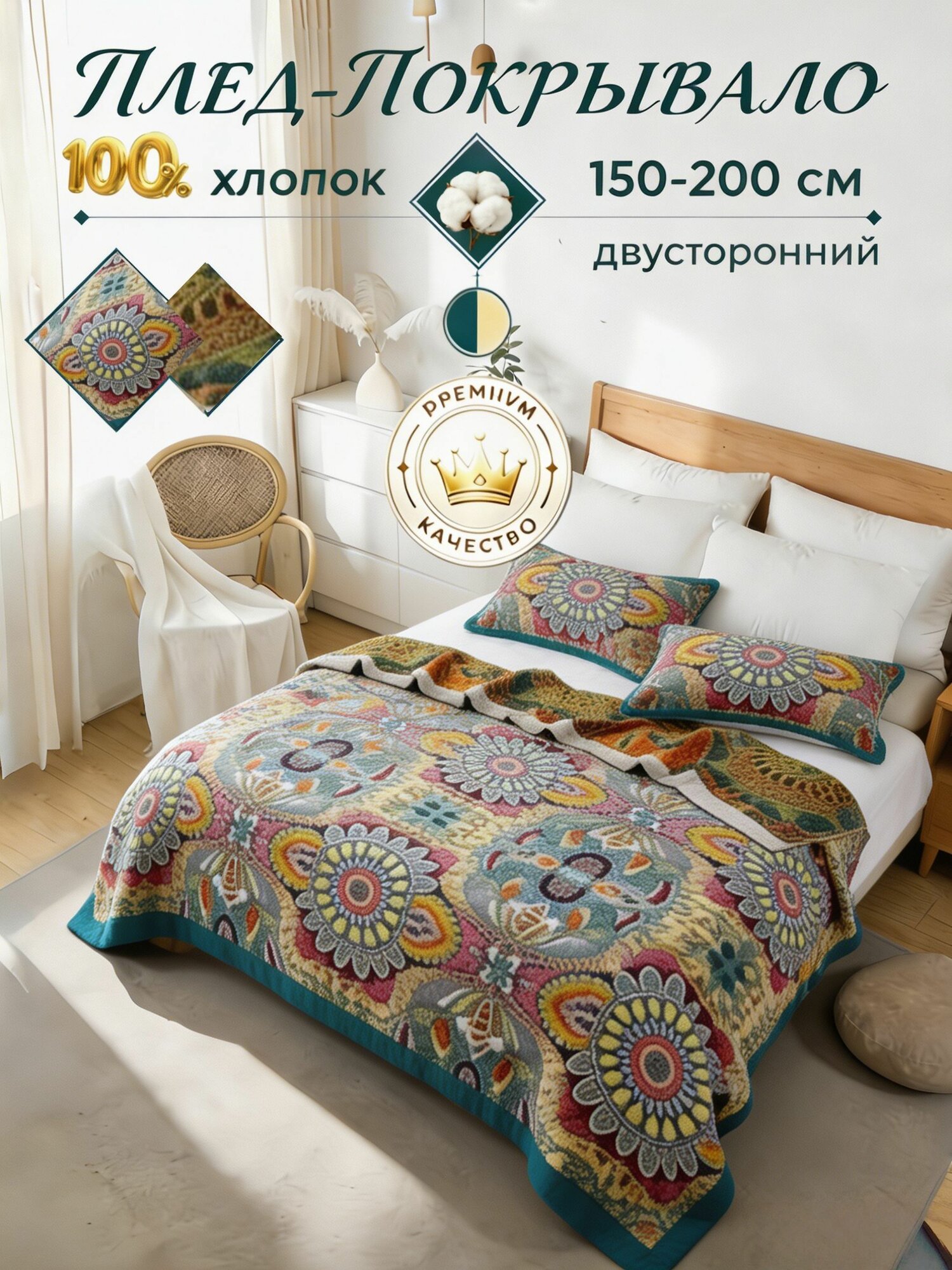 Плед 150x200 см хлопок двусторонний 3d-эффект светло-коричневый