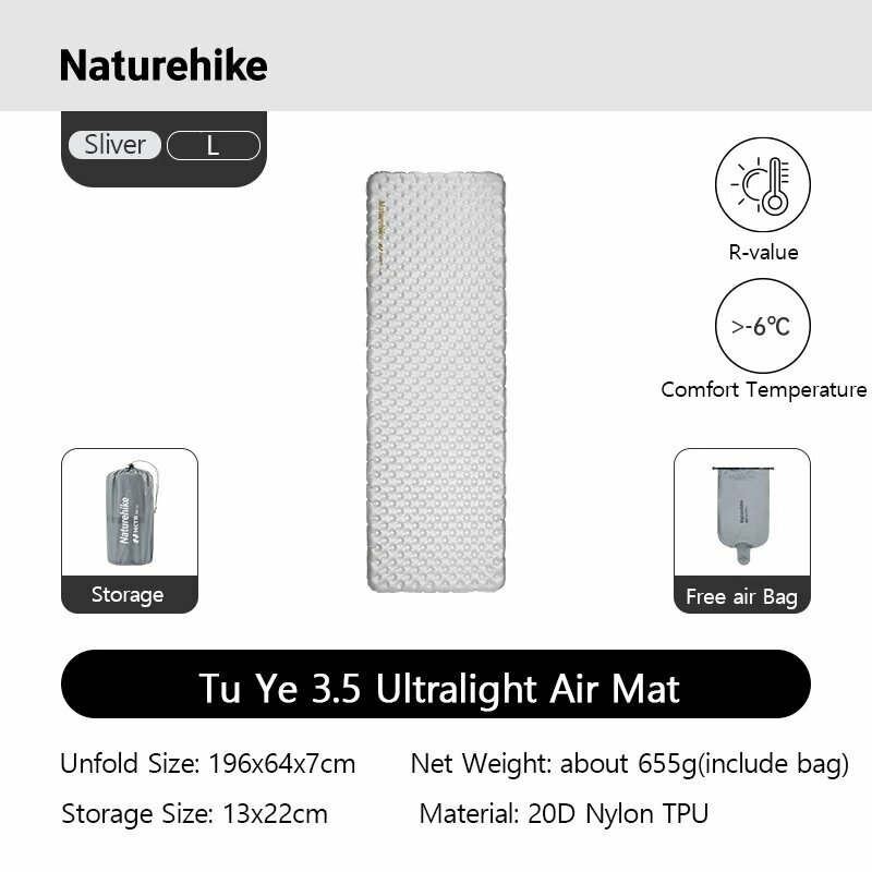 Надувной кемпинговый коврик Naturehike L - 196x64x7cm