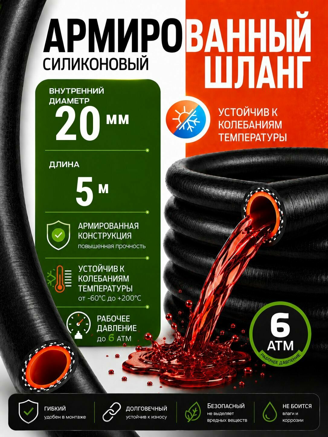 Шланг / рукав силиконовый армированный черный, патрубок для радиаторов и печки отопления в авто, 5 метров, 20 мм (3/4")