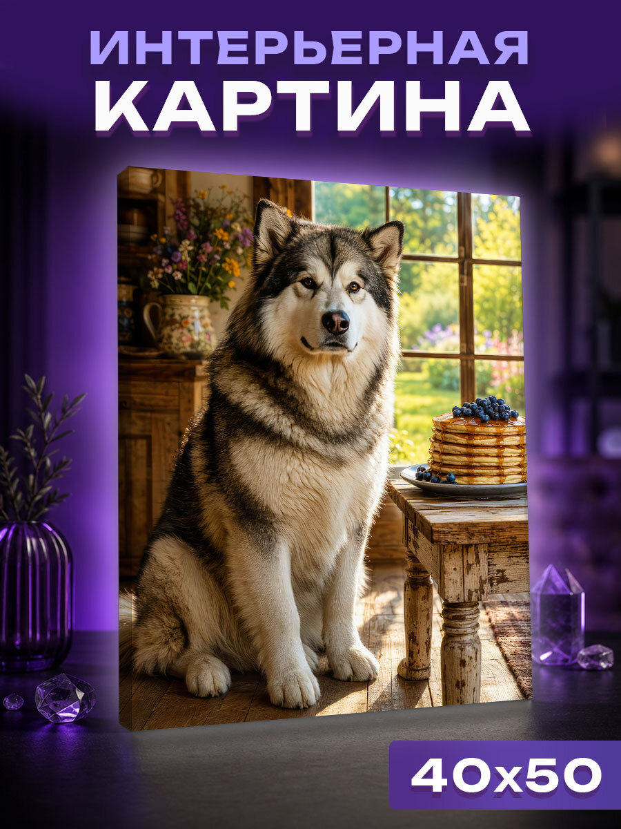 Интерьерная картина Маламут у тарелки с панкейками и ягодами