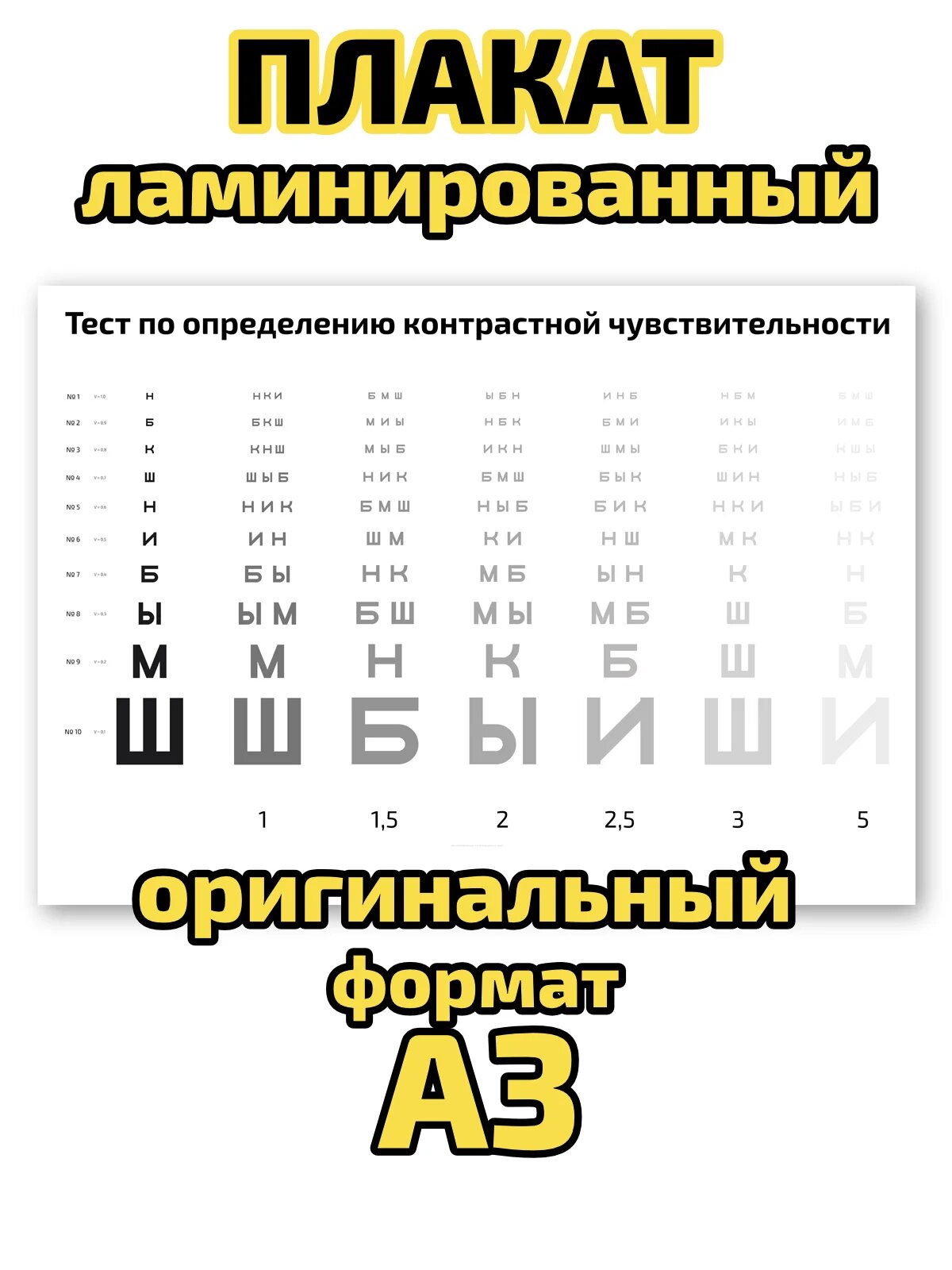 Плакат Квинг "Тест по определению контрастной чувствительности", ламинированный, А3, для изучения офтальмологии 二四六
