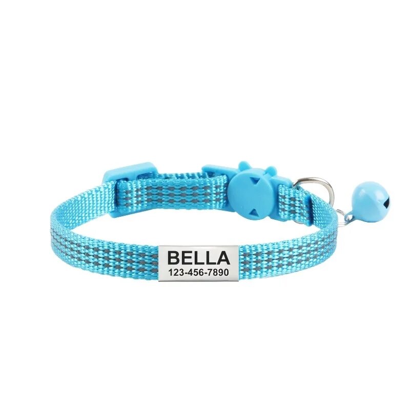 Голубой светоотражающий ошейник для кошки Bella, 123-456-7890