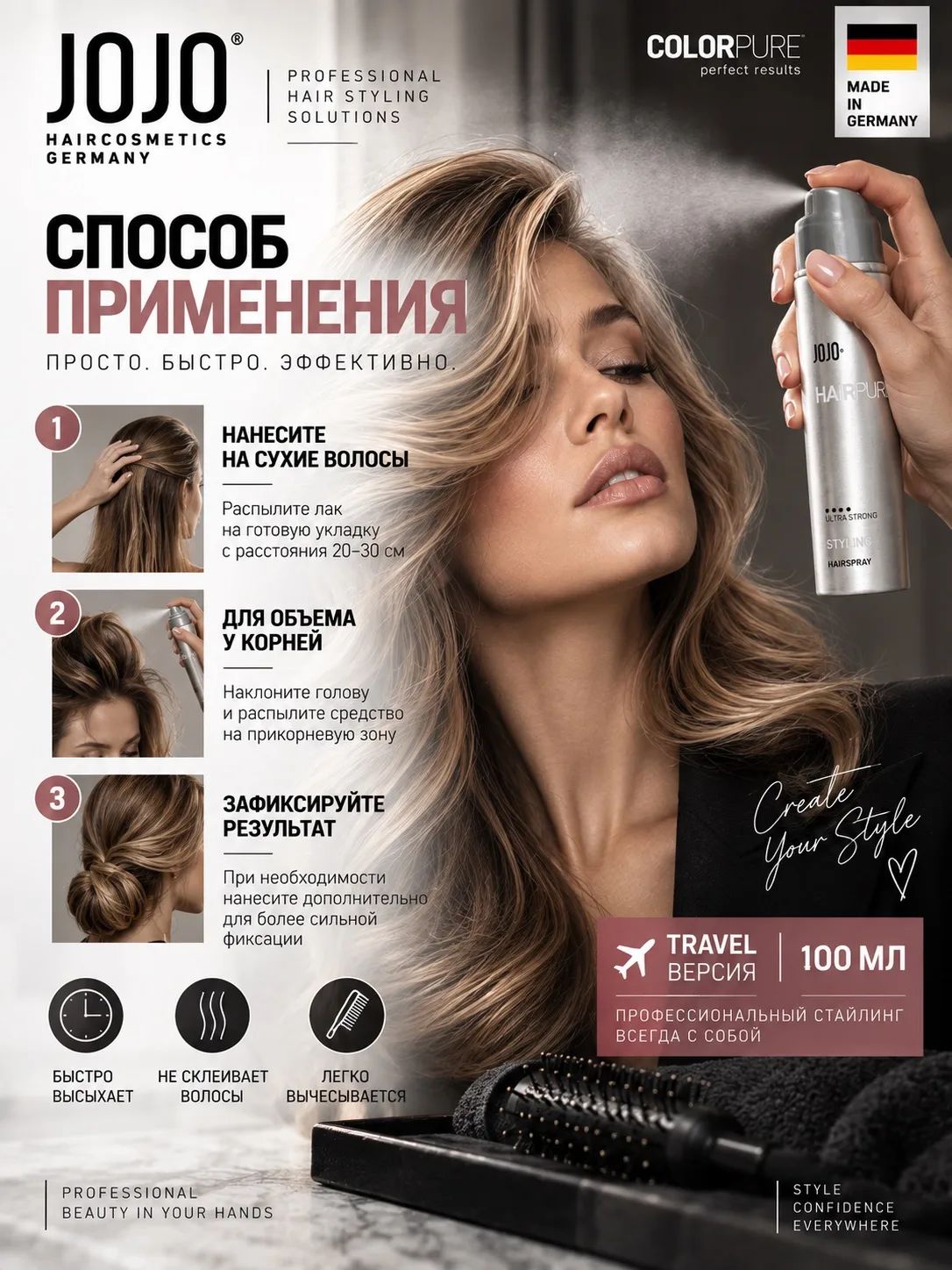 Лак для волос сильной фиксации, Styling Spray, 100 мл, JOJO Haircosmetics Германия