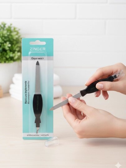 Пилка для ногтей ZINGER 072, 2в1, металл/пластик, 14см, чёрная