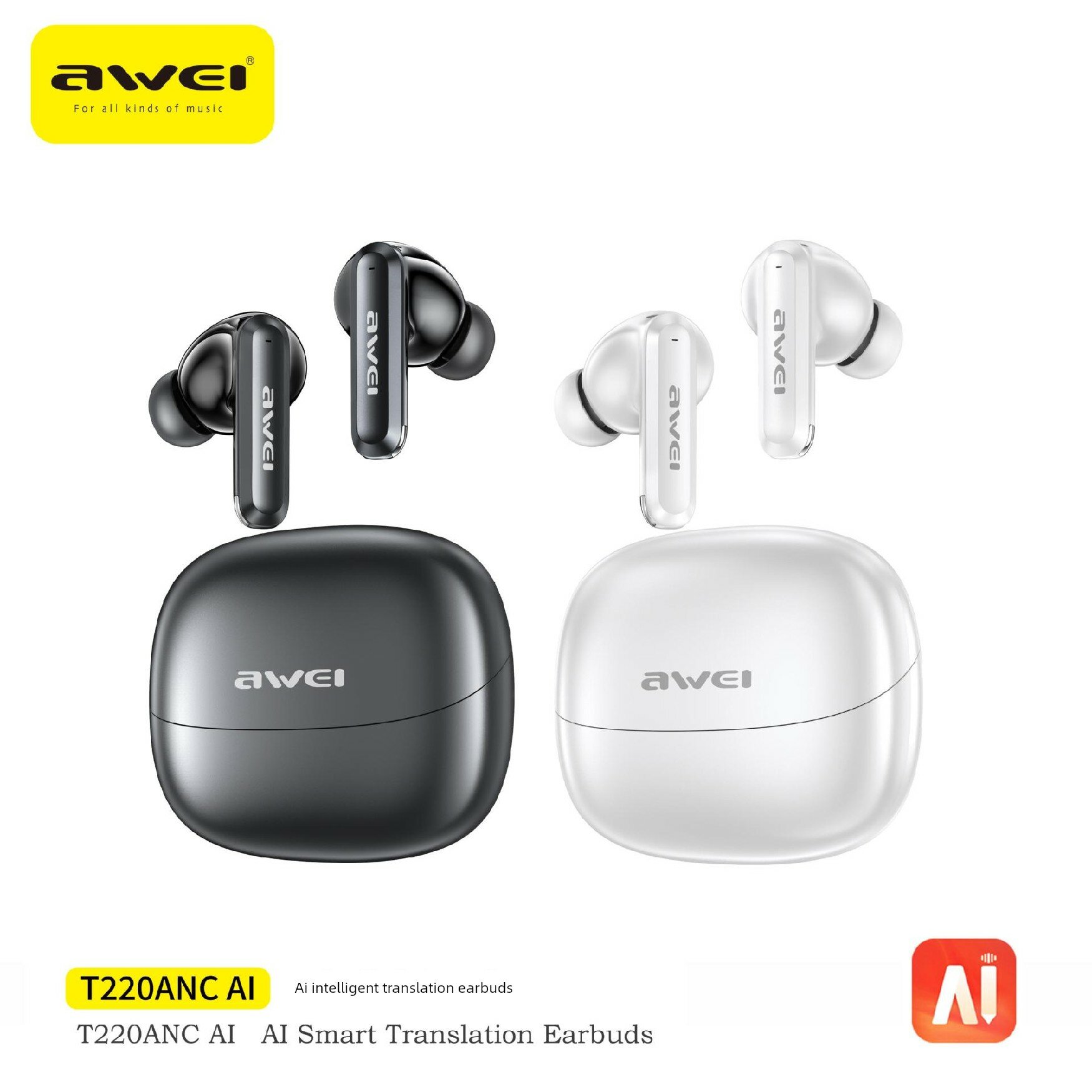 Наушники беспроводные Bluetooth Awei T220 ANC с ИИ-переводом, черные