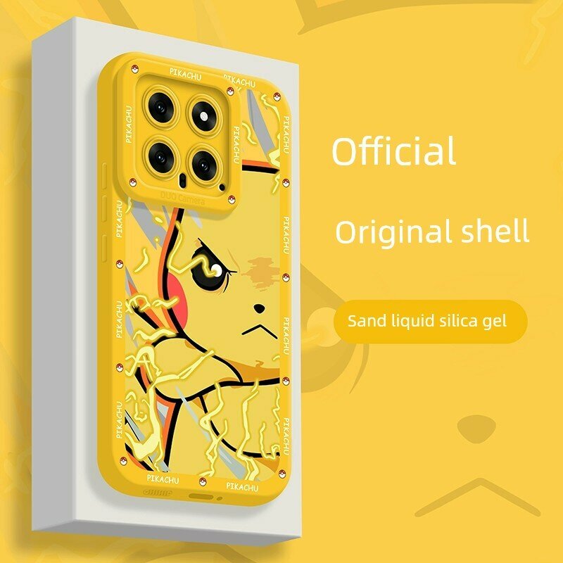 Силиконовый ударопрочный чехол для Xiaomi 14 Ultra - Лимонно-желтый с рисунком Молнии и Пикачу