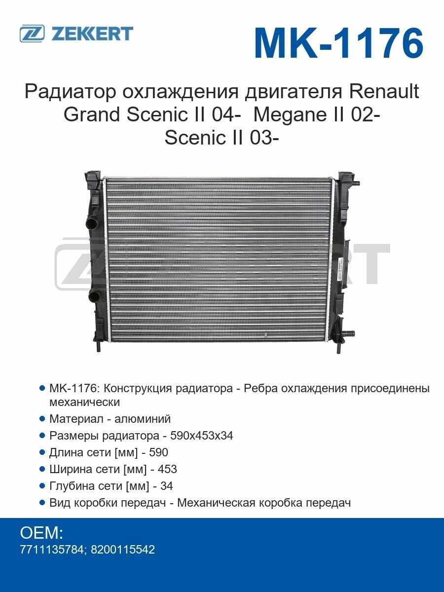 Zekkert Радиатор охлаждения двигателя Renault Grand Scenic II с 2004 года Megane II с 2002 года Scenic II с 2003 года